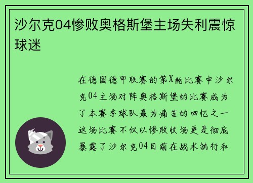 沙尔克04惨败奥格斯堡主场失利震惊球迷