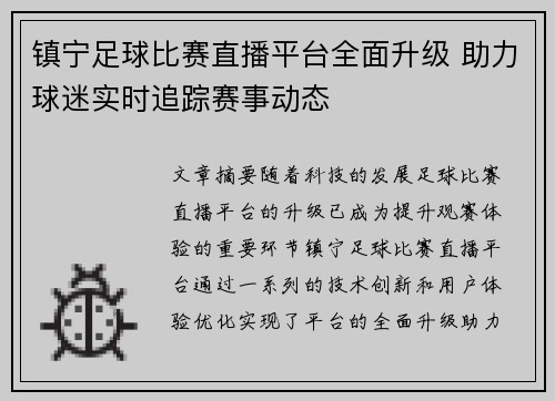 镇宁足球比赛直播平台全面升级 助力球迷实时追踪赛事动态